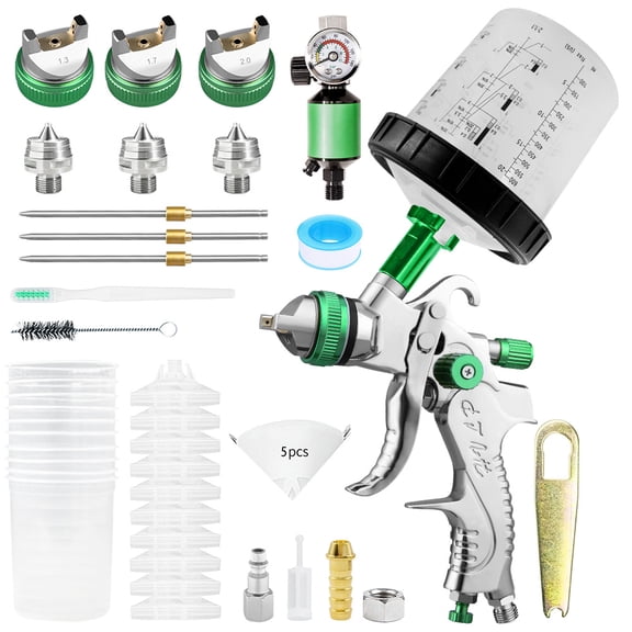 HVLP Gravity Feed Spray Gun with 1.3/1.7/2.0mm Nozzles, Air Regulator, Disposable Paint Cup System for Automotive, Furniture & DIY Painting