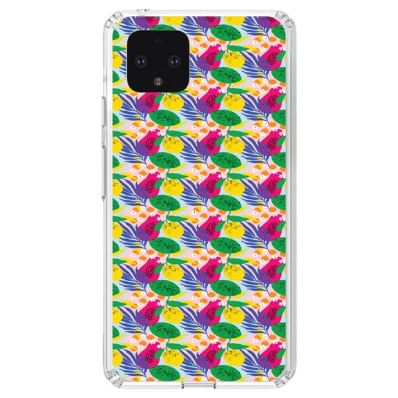 DistinctInk Clear Shockproof Hybrid Case for Google Pixel 4 XL (6.3" Screen) - TPU Bumper, Acrylic Back, Tempered Glass Screen Protector - Summer Vibes Floral Pattern Pink Green Yellow