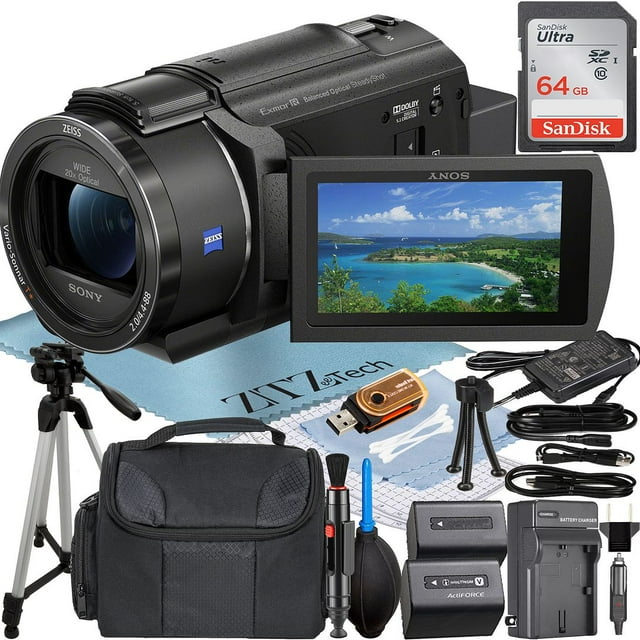 Sony FDR-AX43 4K Ultra HD Handycam Camcorder with 64GB SanDisk Memory Card + Case + Tripod + ZeeTech Accessory Bundle