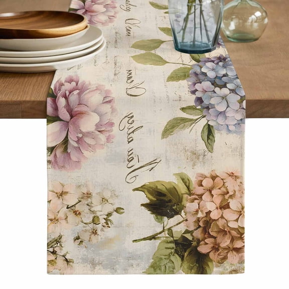 Spring Hydrangea Floral Table Runner, Vintage Botanical Flowers Washable Cotton Linen Table Runners 48 Inches Long, Dresser Scarf Runner for Nightstand/Coffee/End Tables 13''x48''