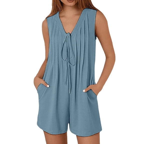 DHFJKG Womens Summer Romper V Neck Solid Solor Sleeveless Pleated Shorts Straight Leg Trousers With Pockets Beach Vacation Clothes Versatile Onesie