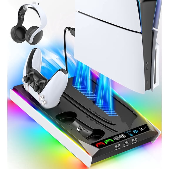 PS5/Slim/Pro Cooling Station with Auto Turbofan & 3-Level Speed, PS5 Stand Vertical with Controller Charger, PS5 Charging Cooling Stand Gaming Accessories