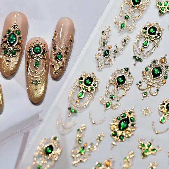 RAGUPEL Embossed Gemstone Nail Stickers Gold Nail Art Stickers Decals with Green Mace Design Nails Charms Self-Adhesive for Women Girls Manicure Decoration