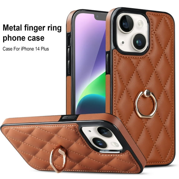 SaniMore for iPhone 14 Plus 6.7" 2022 Case, PU Leather Case with Luxury Fashion 3D Lattice for Girls Women 360° Rotating Metal Ring/Kickstand Shockproof Durable Case For iPhone 14 Plus 6.7", Brown