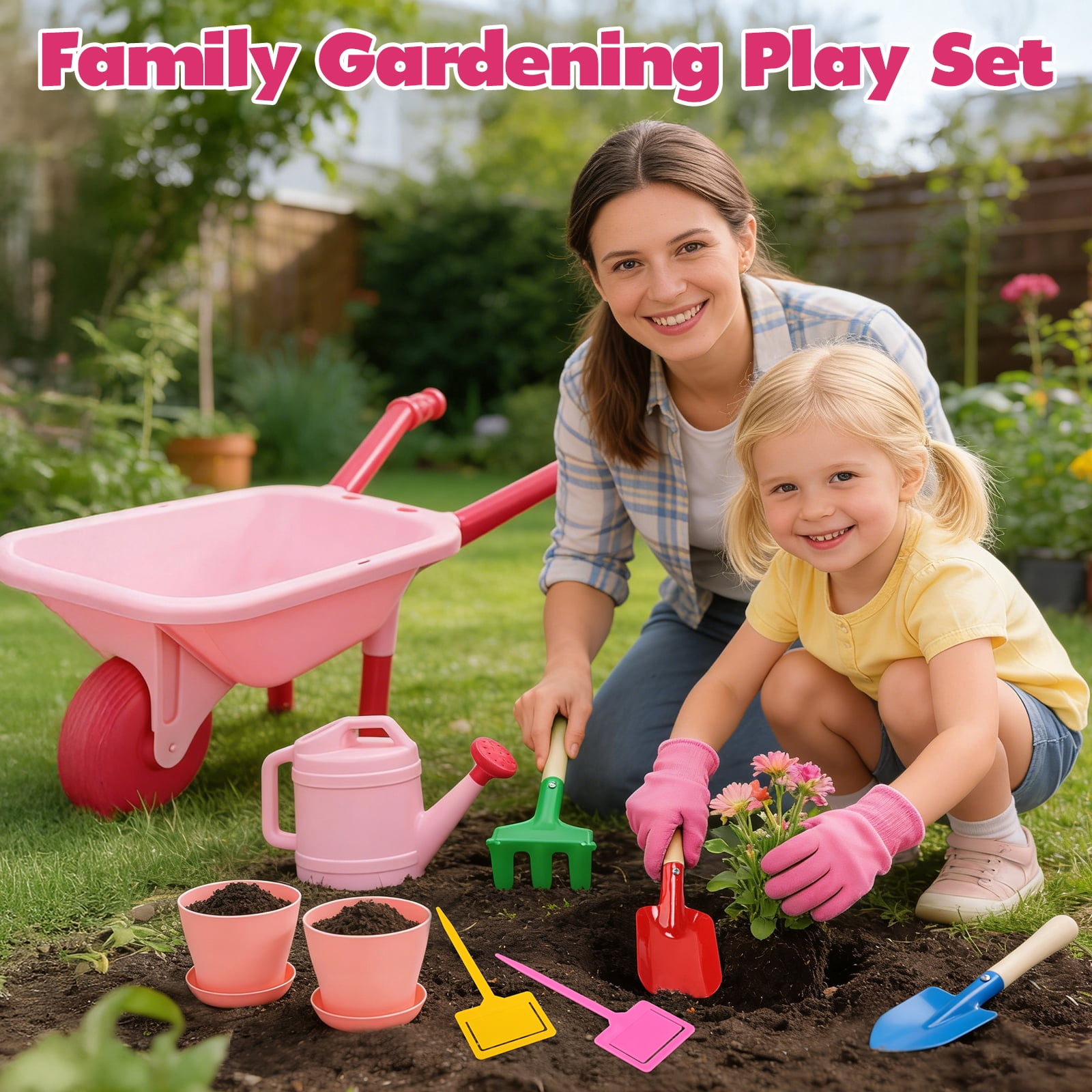 CUTE STONE Kids Gardening Tool Set, 13-Piece Pink Wheelbarrow Kit with Watering Can, Shovels, Rake, Gloves, Planters for Outdoor/Indoor Pretend Play, Toddlers Girls & Boys Age 3+