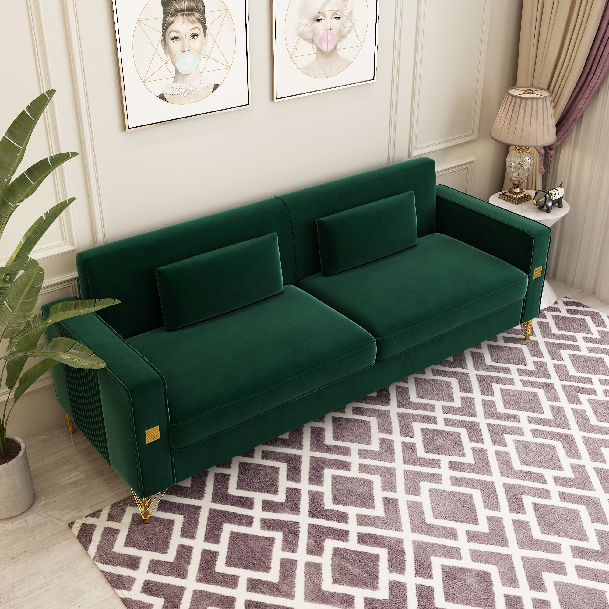 Modern Velvet Upholstered Sofa Couch with Pillows Removable Cushions and Gold Metal Legs for Living Room Office Apartment