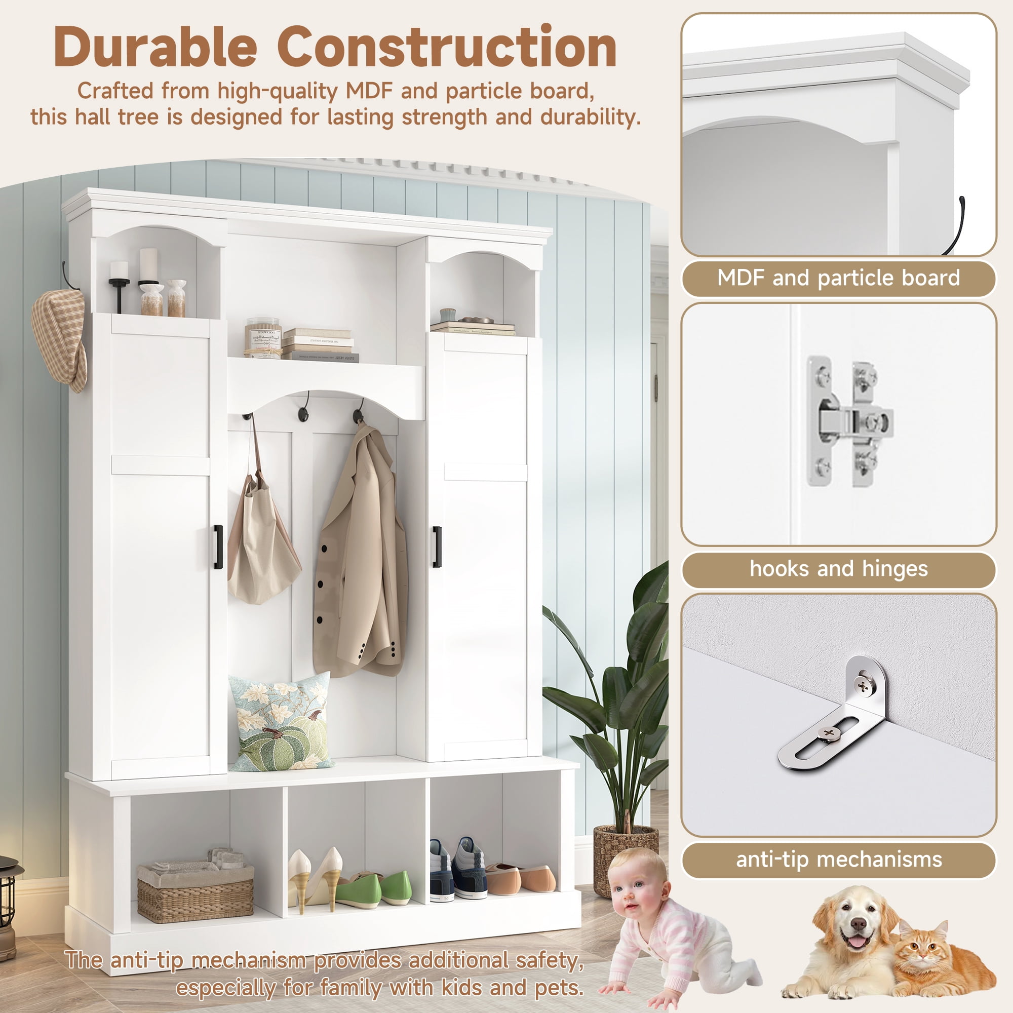 T-Foyer Farmhouse White Hall Tree with 7 Hooks & 2 Cabinets, Wooden Rustic Entryway Organizer with Open Storage & Adjustable Shelves