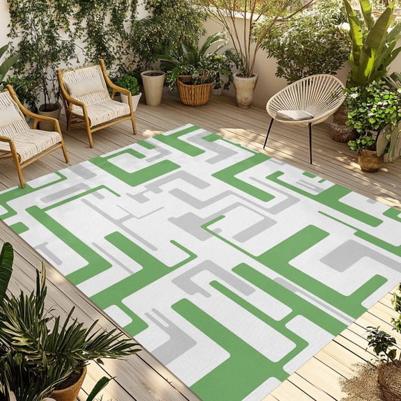 Green Geometric Stripes Outdoor Area Rug 4x6ft Decorative Indoor Outdoor Rug Modern Abstract Lines Patio Area Rug for Porch, Deck, Balcony, Entryway, Camping & RV