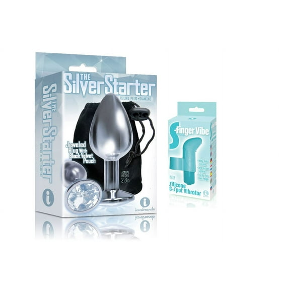 Sexy Gift Set of The Silver Starter, Bejeweled Stainless Steel Plug, Diamond and Icon Brands S-Finger Vibe, Blue