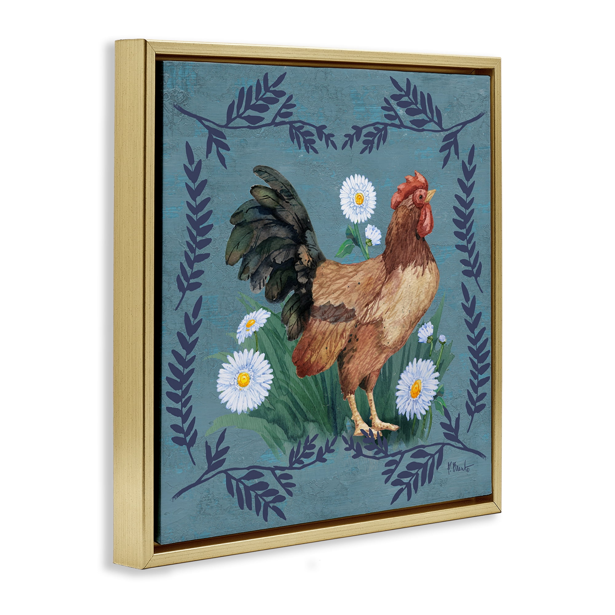 Stupell Industries Rooster & Daisies Animals & Insects Painting Gold Floater Framed Canvas Art Print Wall Art, 18 x 18