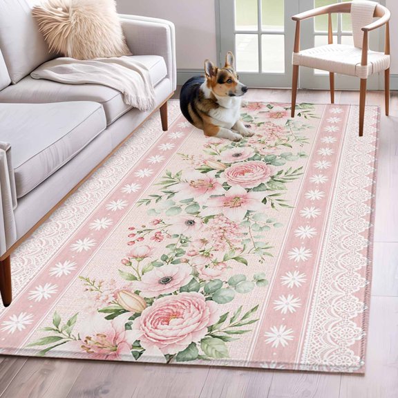 Pink Flowers Area Rug 4'x6', Romantic Botanical Blooms Floral Stripes Washable Non-Slip Rugs, Low Pile Large Carpet for Living Room Bedroom Dining Room Kitchen Office Indoor Mat
