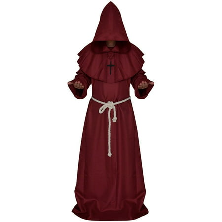 LETSQK Men's Friar Medieval Hooded Monk Priest Robe Tunic Halloween Cosplay