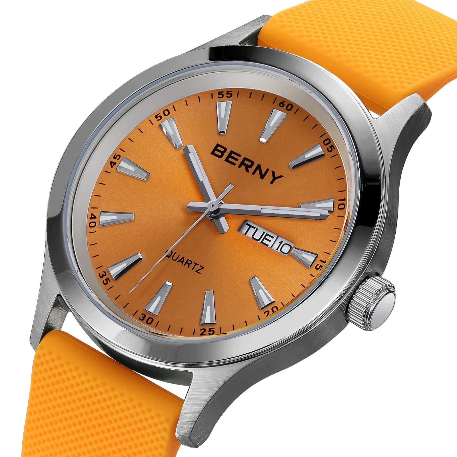 BERNY Quartz Watch for Men, Fashion Sports Men Watches with Silicone Strap, Date & Day Calendar, Casual Waterproof Men's Watch, Orange