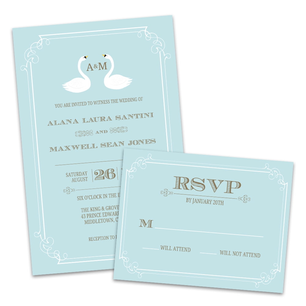 Personalized Printed Swan Wedding RSVP Cards, Minimum Quantity of 8, 5.5" x 4.25", Envelopes Included