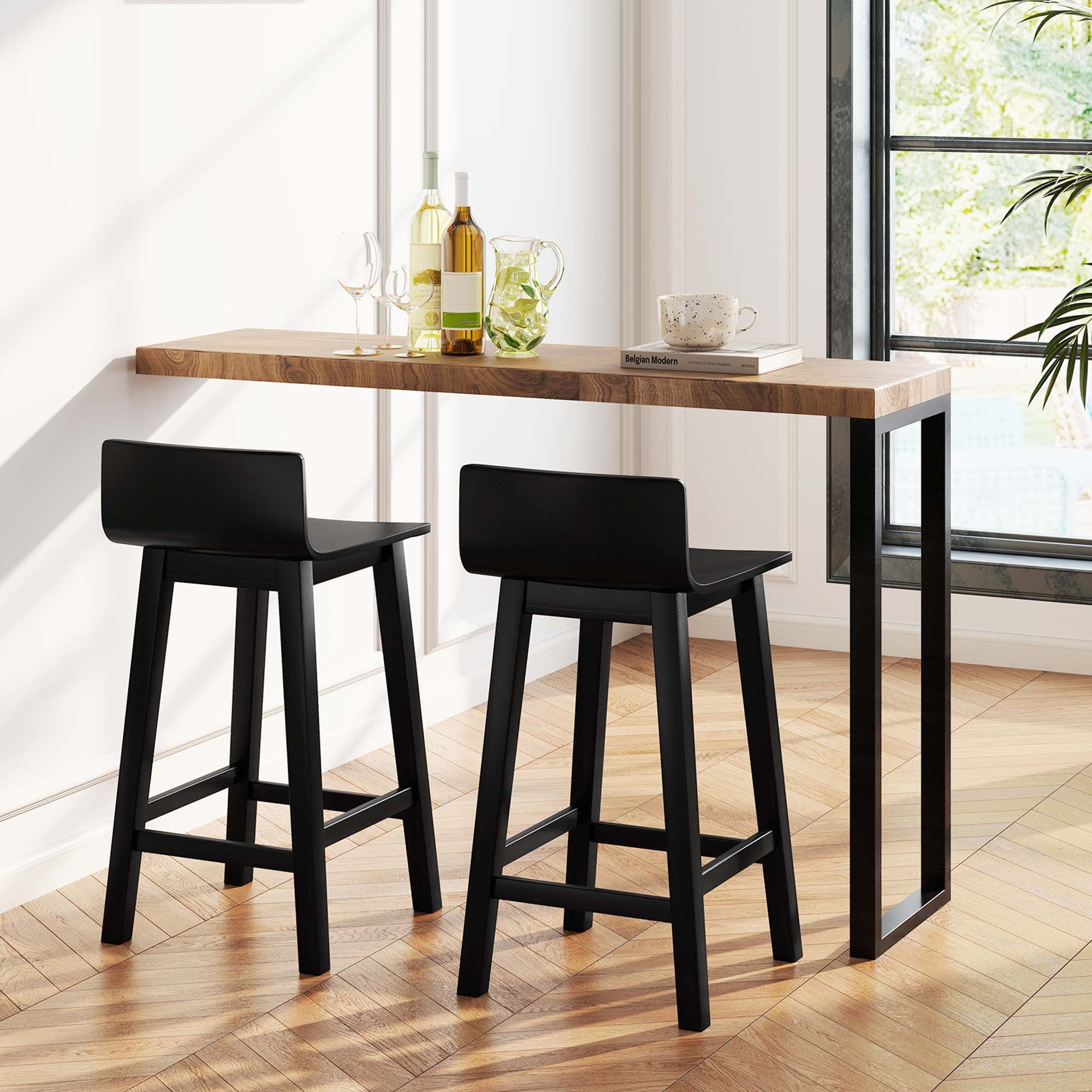 Costway 24.5" Wood Bar Stools Set of 2 with Solid Back & Seat Mid Century Bar Chairs Black
