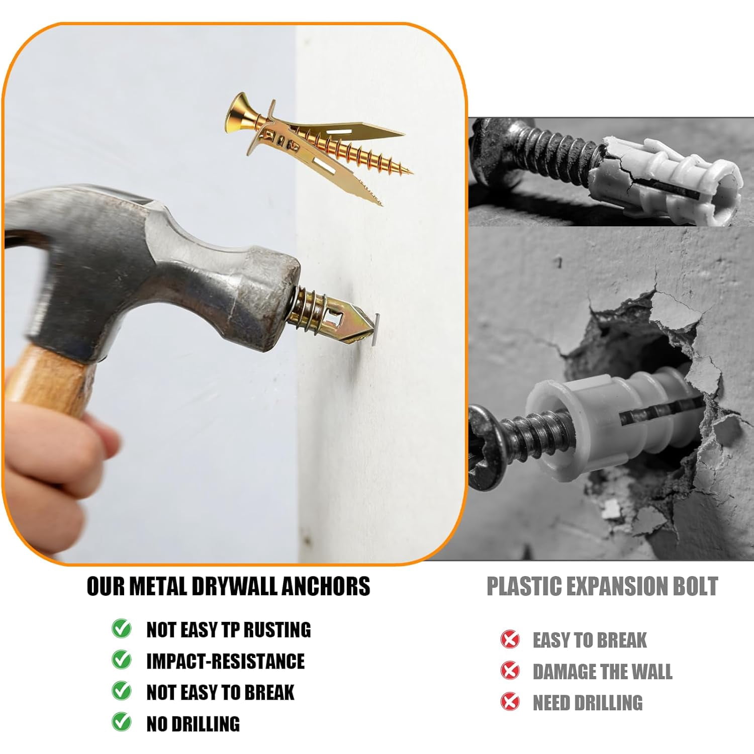 Drywall Anchors with Screws Kit, Self Drilling, 3 Sizes, Total 50pcs, Sheetrock Wall Anchors & Nails for Hanging Pictures, Book Shelf, Home Decor, Expansion Anchors and Screws Set(No Drill Needed)