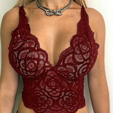 

ALSLIAO Womens Lace Floral Bralette Bralet Crop Top Cami Tank Vest Unpadded Bra Bustier Red Wine M