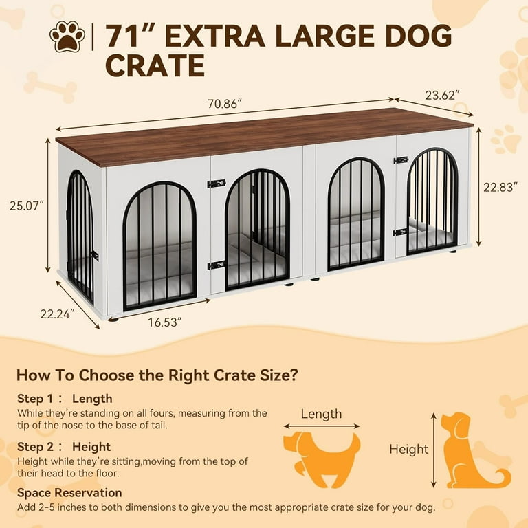 Homhougo 71" Dog Crate Furniture for 2 Dogs, Large Dog Kennel Furniture with Removable Divider, Wooden Dog Cage with Cushions, Indoor Dog House TV Stand for Large Medium Dog, White/Brown
