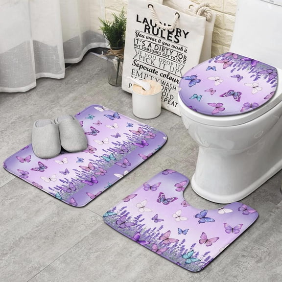 Butterfly and Lavender Purple Pattern 3 Piece Bathroom Rug Set, Non Slip Absorbent Bath Mats with U-Shaped Contour Rug and Toilet Lid Cover
