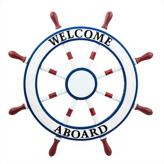Wooden Ship Wheel (Welcome Aboard) - Blue, White & Maroon Painted - (36 Inches)