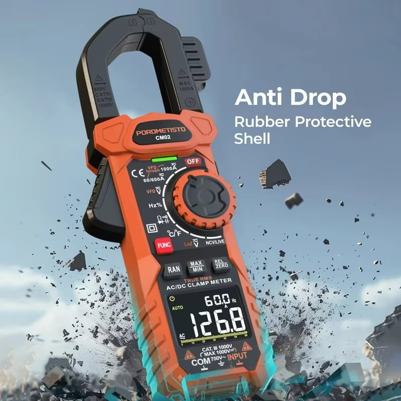 POROMETISTO-CM02 Digital Clamp Meter, 6000 Counts, Smart Measurement,True RMS,  Auto-Ranging Voltmeter, Non-Contact Voltage Detection, Measures AC/DC Volatge Live Wire
