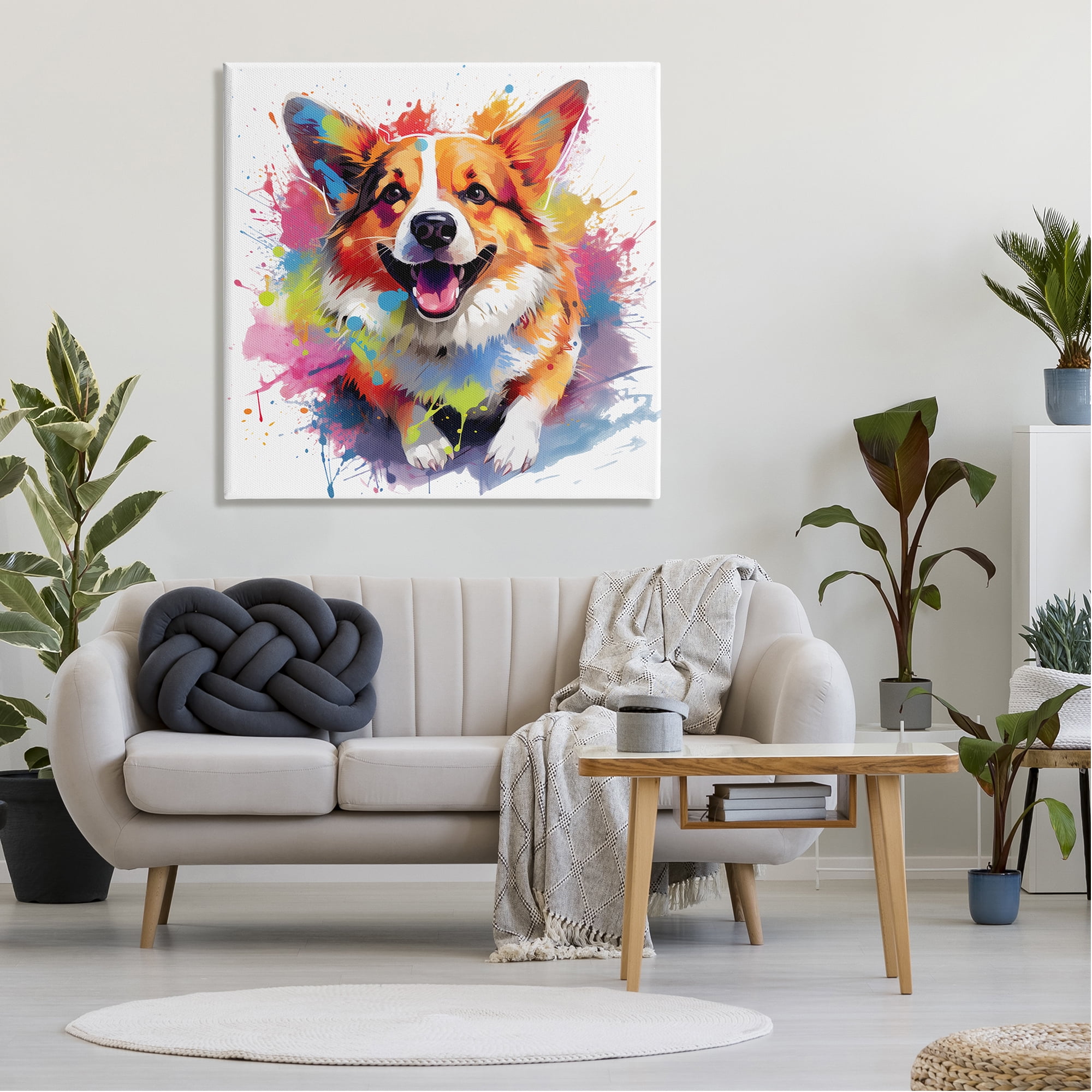 Stupell Industries Happy Corgi Modern Splatter Animals & Insects Painting Gallery Wrapped Canvas Art Print Wall Art, 36 x 36