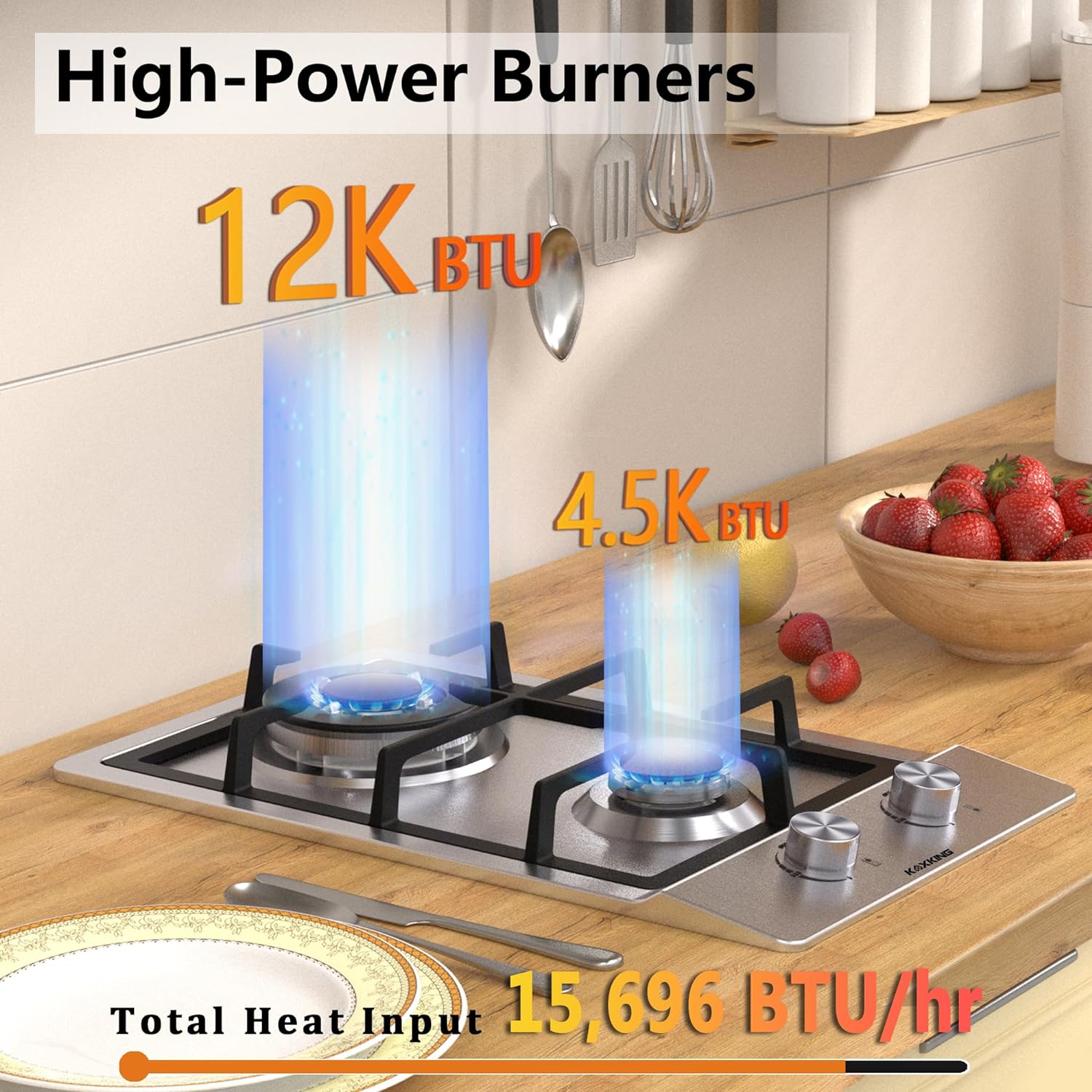 KOXKING 12 Inch Gas Cooktop, 2 Burner Drop-in Stove, Dual Fuel NG/LPG Convertible for RVs, Apartments & Small Kitchens, Stainless Steel with Thermocouple Protection