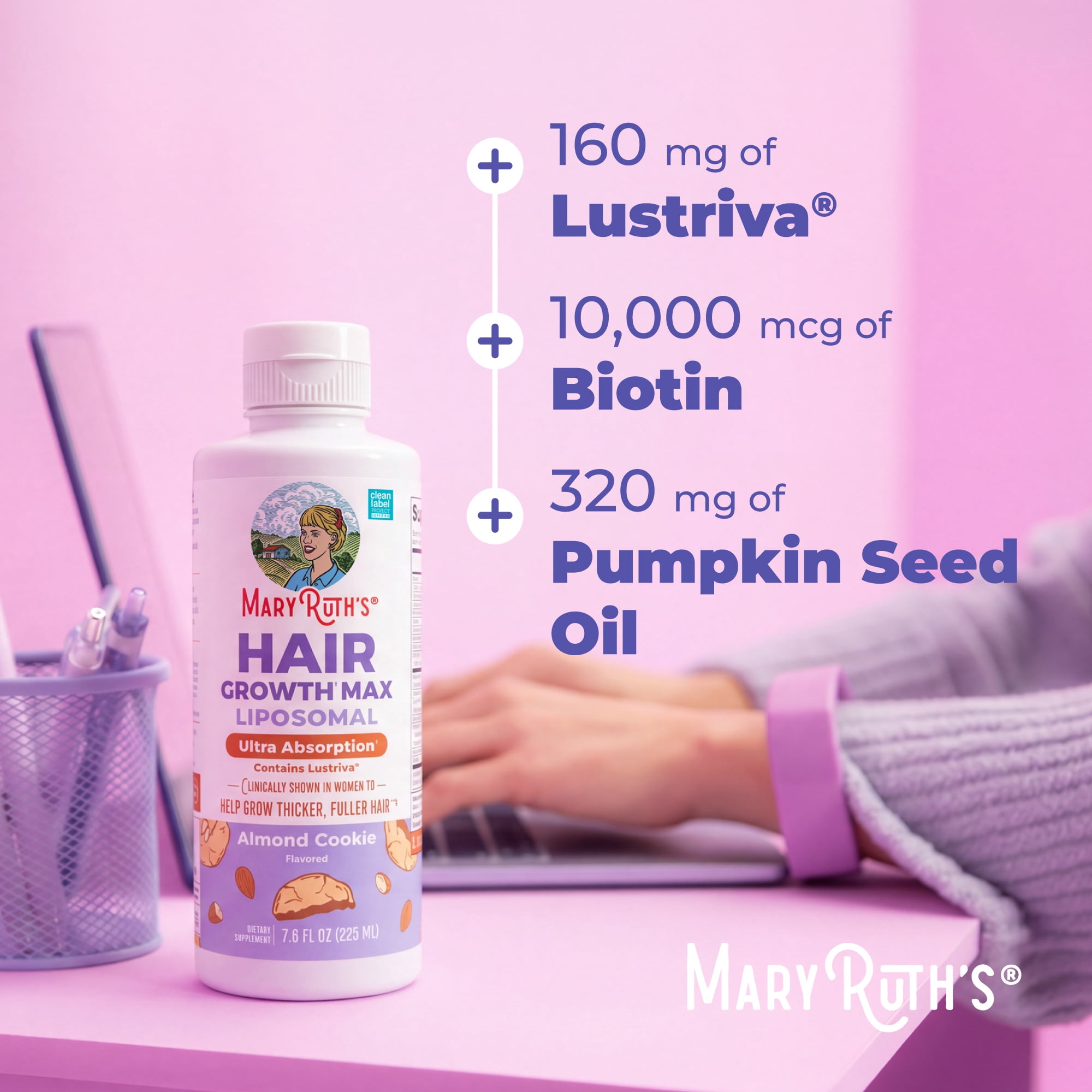 MaryRuth's Hair Growth Max Liposomal, Ultra Absorption, Contains Lustriva, 7.6 fl oz, Almond Cookie