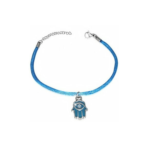 iJewelry2 Hamsa Hand of Fatima Charm with Inserted Crystal Stone Stainless Steel Blue Silk Cord Bracelet 7"