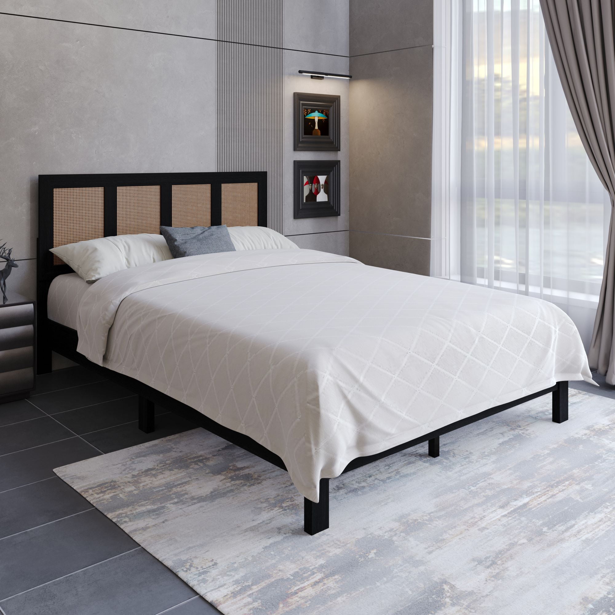 Home Design Missoula Twin Wood Panel Bed Frame with Rattan Accents, Black – Box Spring Required