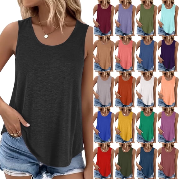 Tank Tops for Women Summer Sleeveless Scoop Neck T-Shirts Tops Casual Tees Tunics Shirts Black 2XL