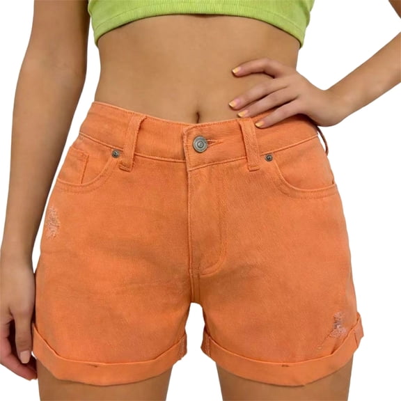 Aellinatey High Waist Distressed Denims Shorts With Cuffed Detail For Women Casual Wear
