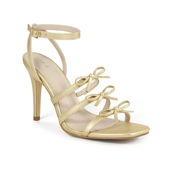 BLISSFUL STEP Bow Strappy Square Toe Stiletto Heel Sandals for Women Gold (Size 9.5)