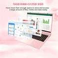 thumbnail image 4 of HPUMLSE 15.6" Pink Laptop Computer, 16GB RAM 512GB SSD, Intel 6500Y (up to 3.4GHz) with Office 2024, Windows 11 Pro Laptop, FHD Display, WiFi5 BT5.0 for Business, Student, Office, 4 of 12
