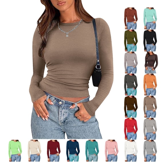 Vmvidoty 2026 Women's Basic Ribbed Long Sleeve Tops, 20 Colors Size S-2XL Crew Neck Slim Fit Undershirts Knit Basic Casual Stretch Layering Tee Shirts Khaki S