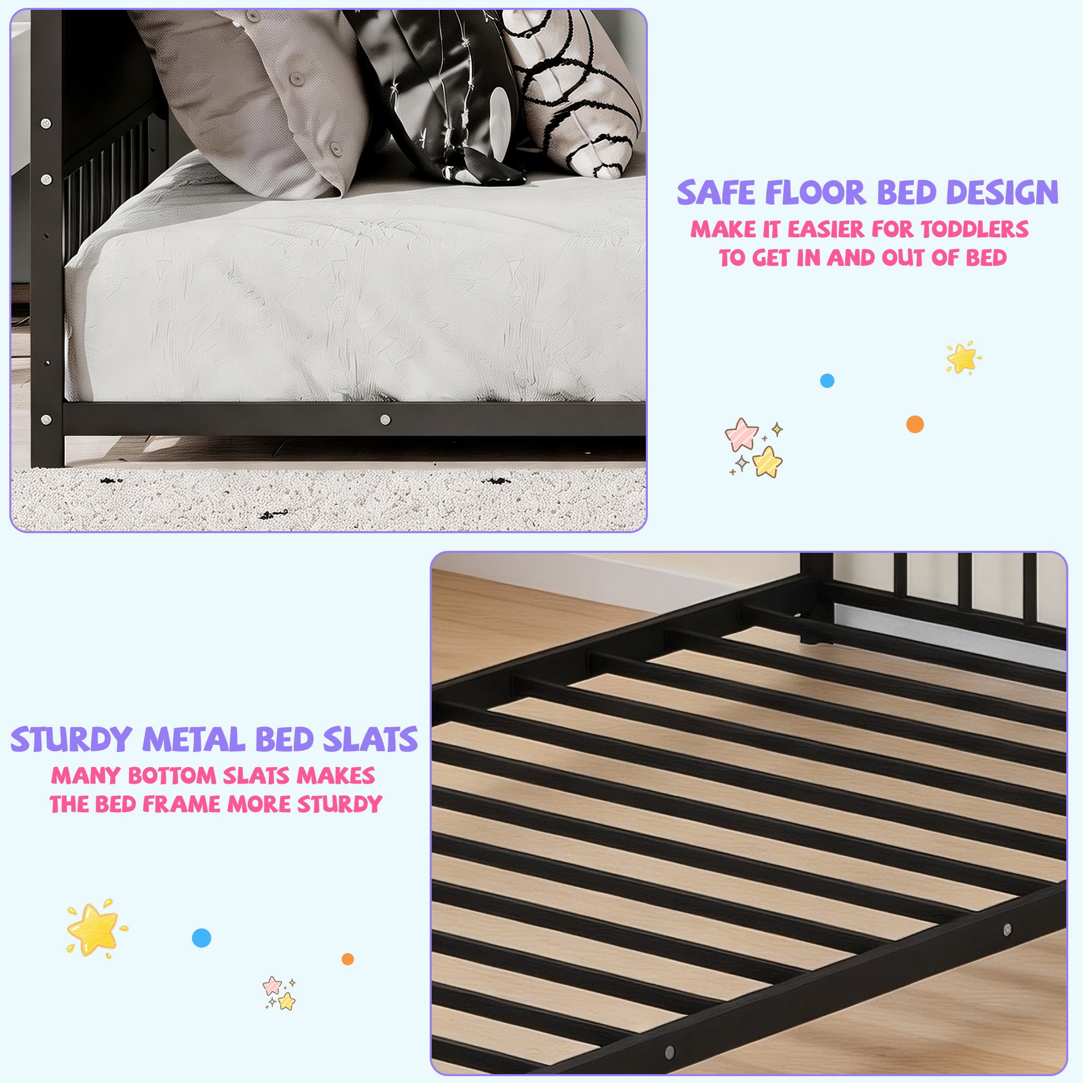 SESSLIFE Montessori Floor Bed, Twin Size Toddler Bed with Roof and Guardrail, House-Shaped Design, No Box Spring Needed, Toddler Bed Frame for Kids, Black