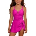 thumbnail image 4 of Busydd Girls Bathing Suit with Built in Bra 7-16 Years Solid Color Straps Girls Swimsuit One Piece V Neck Pleated Side Bow Swimdress 9 Years, 4 of 9
