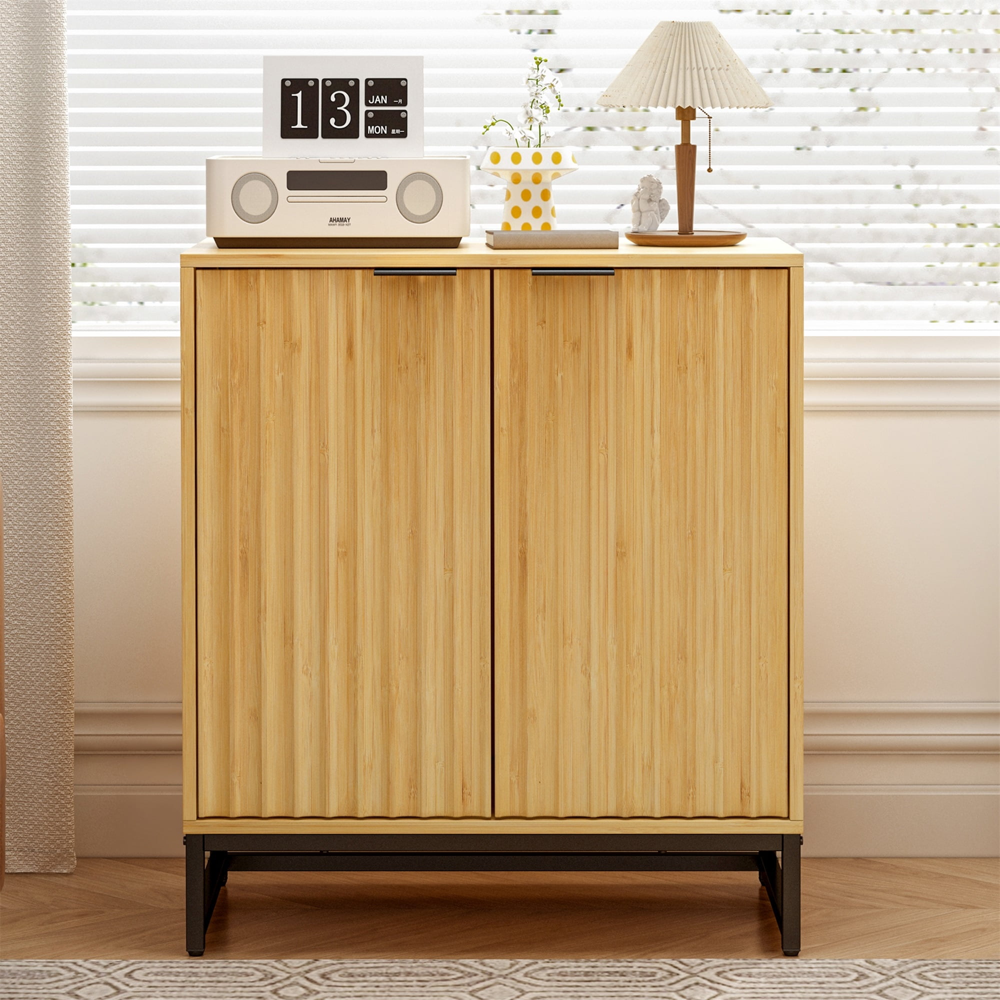 Spaco Bamboo Storage Cabinet with Engraved Wavy Pattern for Bathroom Storage Living Room and Kitchen Spaco Bamboo Storage Cabinet with Engraved Wavy Pattern for Bathroom Storage Living Room and Kitchen