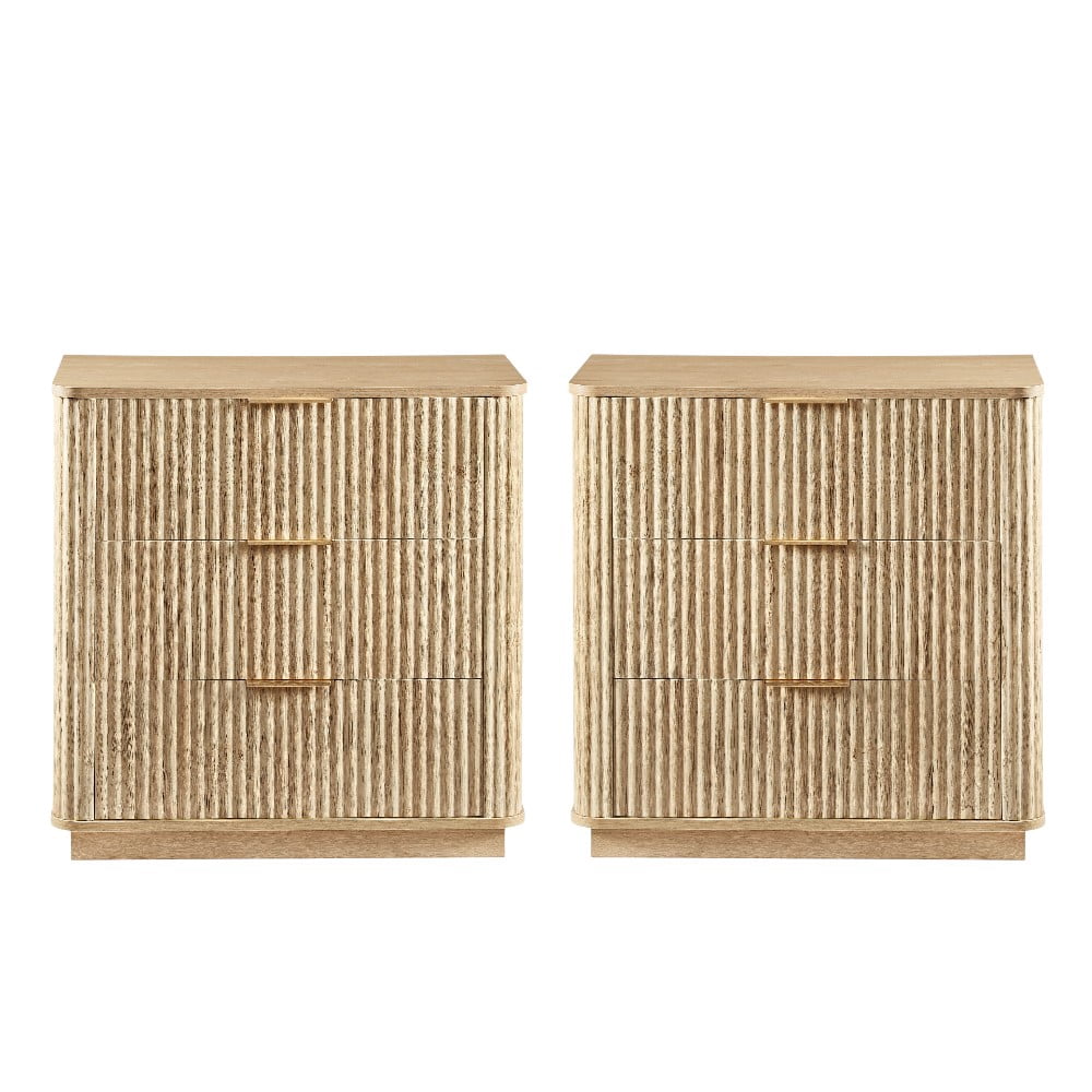 GZXS 2-Pack Nightstands in Oak Finish, Contemporary Fluted Wooden Dressers with 3 Drawers, for Bedroom, Hallway, Small Spaces - 27.6"L x 15.75"W x 27.17"H