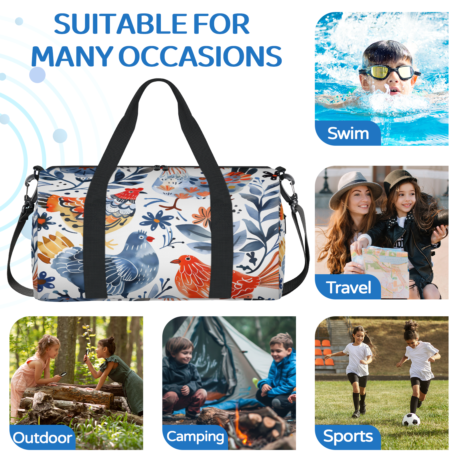 Herdesigns Cute Chicken Gym Bag for Women, Duffle Bag for Travel Sport, Lightweight Waterproof Carry on Weekender Overnight Dance Yoga Workout Bags