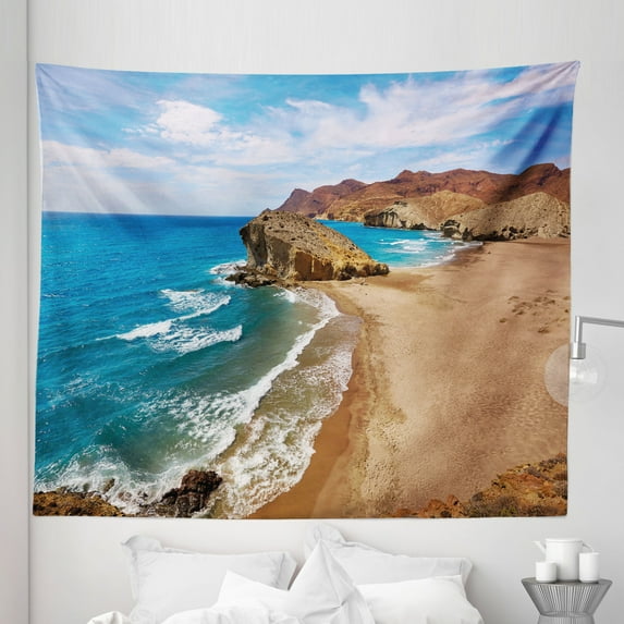 Landscape Tapestry, Ocean View Tranquil Beach Cabo De Gata Spain Coastal Photo Scenic Summer Scenery, Fabric Wall Hanging Decor for Bedroom Living Room Dorm, 5 Sizes, Blue Brown, by Ambesonne