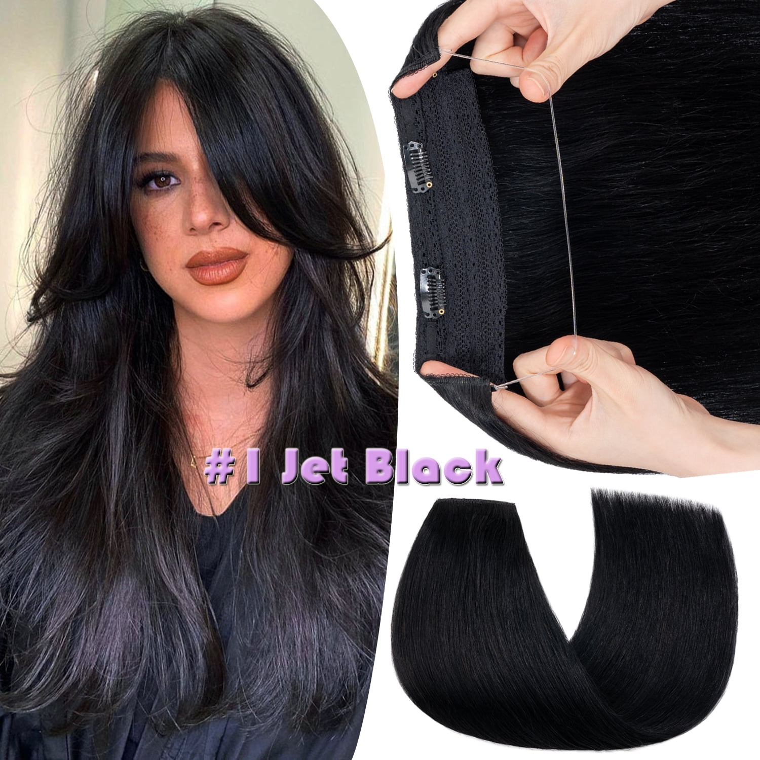 Hidden Secret Clip in Extensions Real Hair Wire in Weft One Piece THICK Human Hair Extensions Headband With 4 Clips Adjustable Black 12"-22"