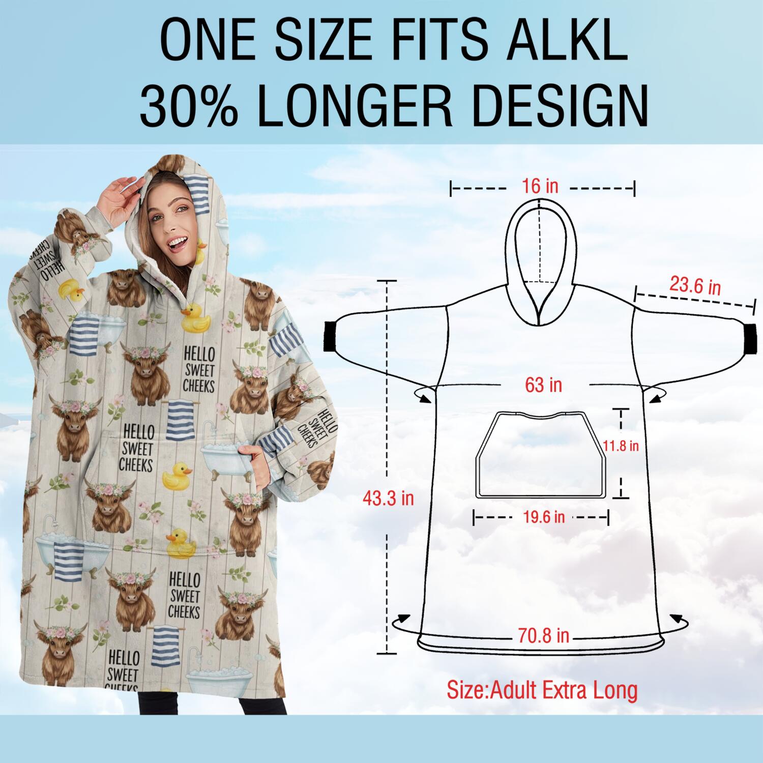 Oversized Wearable Blanket Hoodie,Beige Highland Cow Bathtub Flower Pattern Sherpa Blanket Hoodie with Super Pockets,Super Warm Fuzzy Pullover for Women & Men