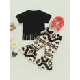 thumbnail image 5 of Kids Girls Summer Outfits 6 12 18 24M 3 4T Letters Print Short Sleeve T-shirt with Tassels and Casual Flare Pants Headbands Set, 5 of 9
