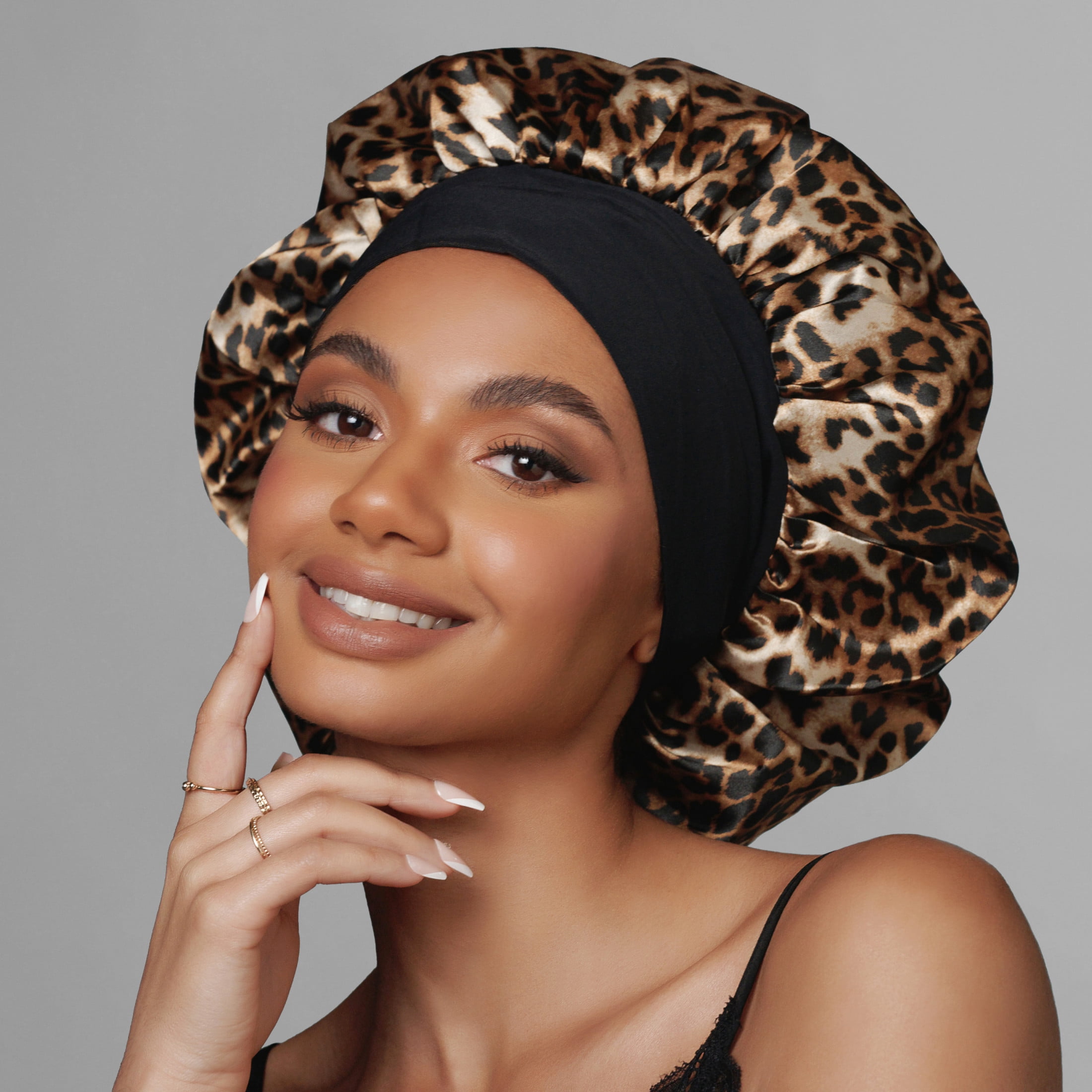 (2 pack) Kiss Colors & Care Silky Satin Wide Edge Reversible Double Wear Cap, XL, Leopard & Black