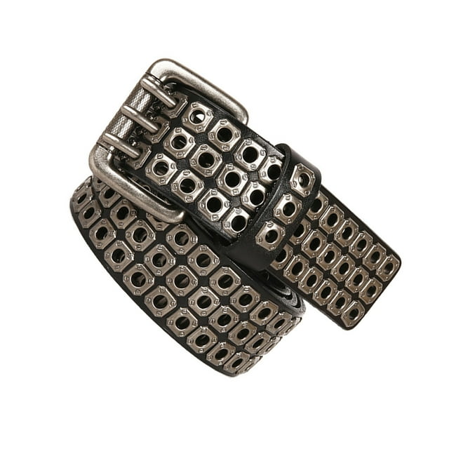 Qarigey Cinturones con tachuelas elegantes de 3 filas, cinturón hueco, correa informal para hombre, banda de cintura de cuero de vaca a la Cinturones Negro 125cm
