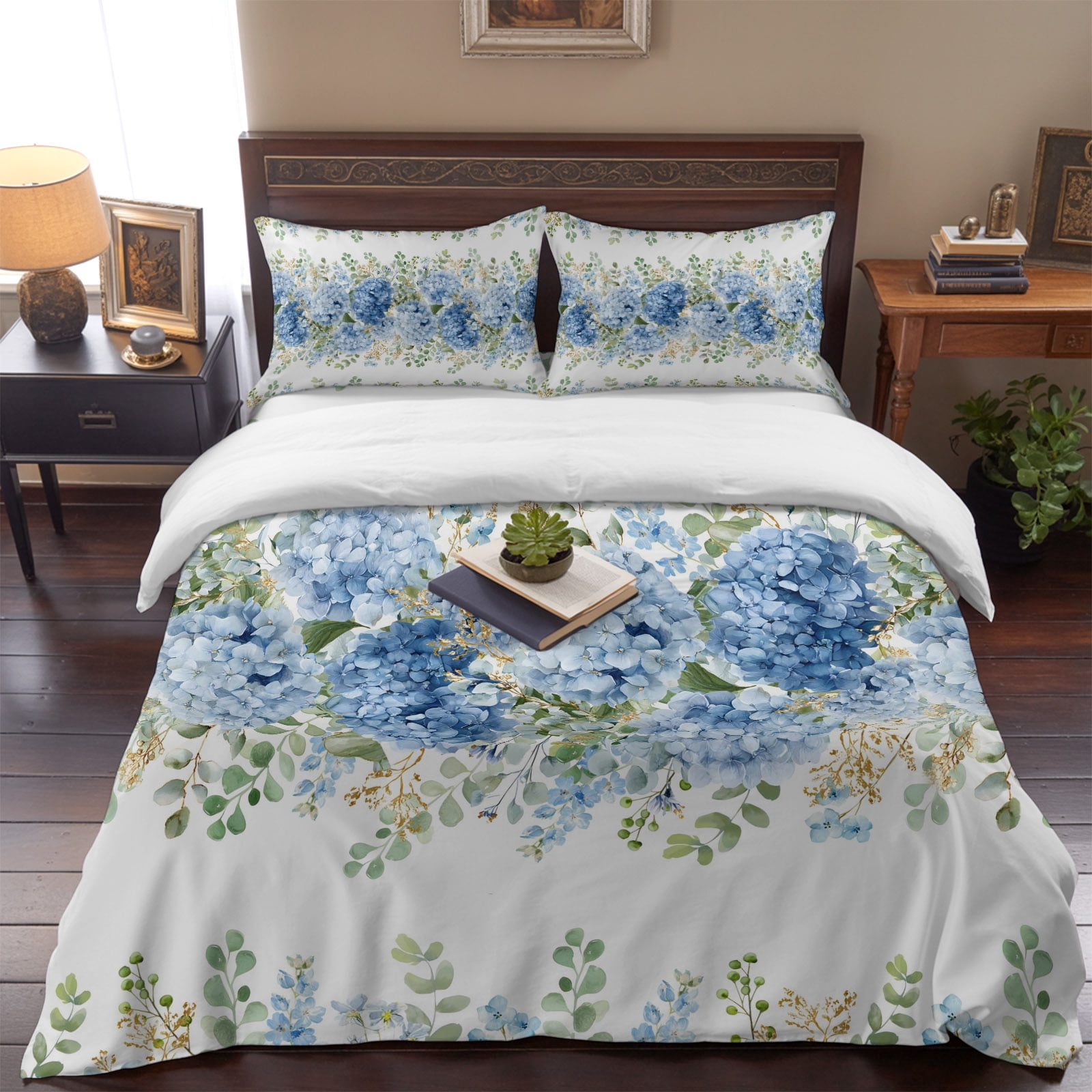 Blue Hydrangea Farm Eucalyptus Queen Size Bed Set,Vintage Linen