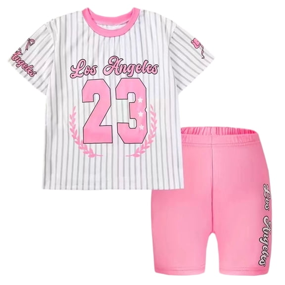 XAOFW Girls Outfits Number Printed Short Sleeve Top Shorts Toddler Kids Summer Workout Clothes Sets 9-10 Years