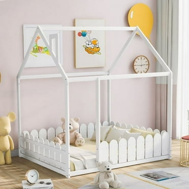 Full Size House Bed for Boys and Girl Wood Full Platform Bed Frame Playhouse Design Canopy Bed Tent Bed with Roof and Fence, White