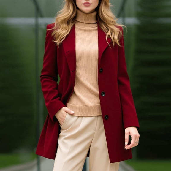 Wowcloth Women's Wool Belted Coat, Long Sleeve Solid Color with Lapel Collar, Button Front No Hood Casual Outerwear for Daily Wear